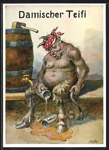 Künstler-AK Damischer Teifi, betrunkener Teufel schläft neben einem Bierfass, Trinkerhumor