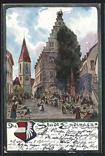 Künstler-AK C.Biese: Endingen / Kaiserstuhl, reges Marktreiben, Wappen