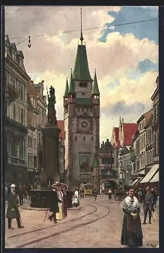Künstler-AK H. Hoffmann: Freiburg / Breisgau, Kaiserstrasse mit Martinstor