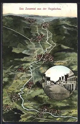 Künstler-AK Eugen Felle: Zusmarshausen, Ortspartie und Landkarte aus der Vogelschau