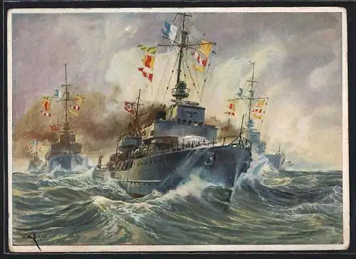 Künstler-AK K. Blossfeld: Kleinkampfschiffe auf dem Marsch in stürmischer See