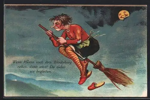 Künstler-AK Hexe reitet nachts auf Besen zum Blocksberg