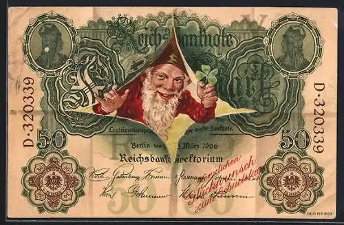 AK Zwerg schaut durch eine Reichsbanknote von Fünfzig Mark