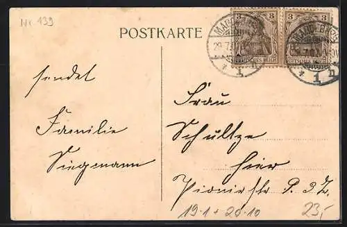 AK Zwerg schaut durch eine Reichsbanknote von Fünfzig Mark