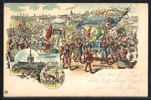 Lithographie München, Oktoberfest, Schützenzug, Schottenhamels Schützenhalle