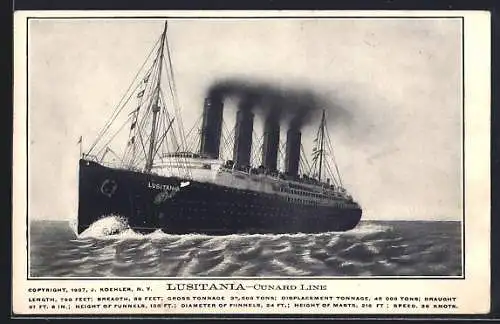 AK Dampfer Lusitania, versenkt durch U 20