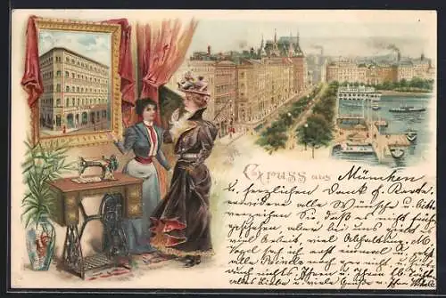 Lithographie Singen, Teilansicht mit Geschäftshaus Singer, Zwei Damen mit Singer-Nähmaschine