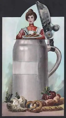 mechanische-AK Nürnberg, Nürnberger Landes-Ausstellung 1906, Bierkrug mit Bedienung
