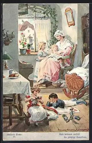 Künstler-AK Hans Kaufmann: Hausfrau kümmert sich um die Kinder
