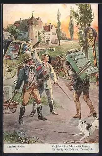 Künstler-AK Hans Kaufmann: Schillers Glocke, Knabe verabschiedet sich und geht auf Wanderschaft