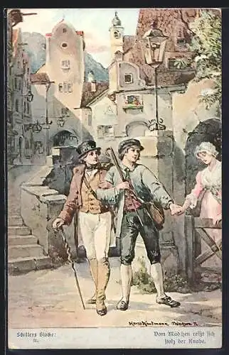 Künstler-AK Hans Kaufmann: Schiller, Das Lied von der Glocke Nr. II, Vom Mädchen reisst sich stolz der Knabe
