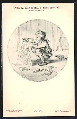 Künstler-AK A. Hendschel: Die Baukunst, Kind baut Kartenhaus