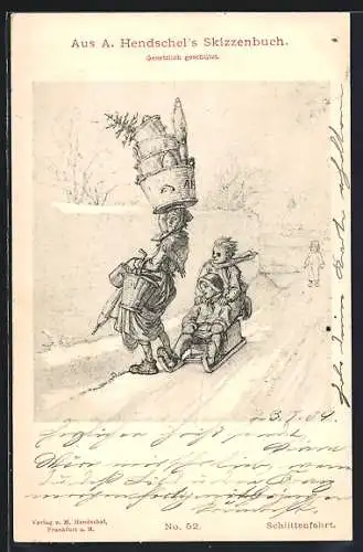 Künstler-AK A. Hendschel: Schlittenfahrt, Kinder bei der Abfahrt fahren beinahe eine Frau an