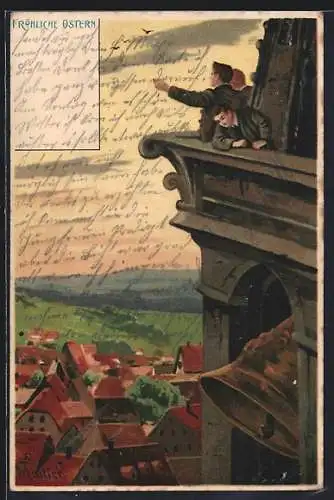 Künstler-AK Alfred Mailick: Fröhliche Ostern!, Blick vom Kirchturm ins Land