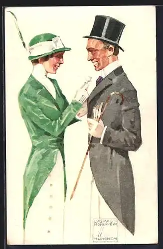 Künstler-AK Ludwig Hohlwein: Bayerischer Blumentag, Frau steckt Mann eine Blume an