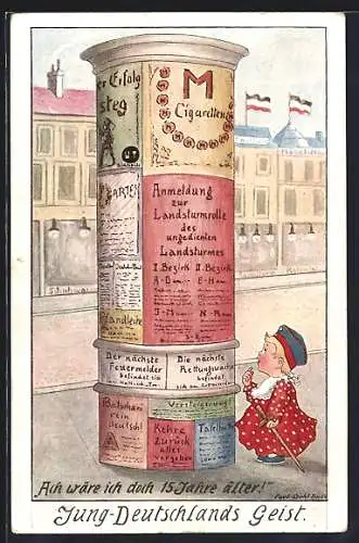 Künstler-AK Carl Diehl: Mädchen erblickt an der Litfasssäule die Anmeldung zur Landsturmrolle