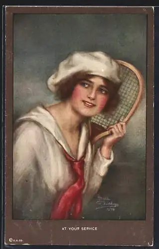 Künstler-AK At your Service, Bezaubernde Tennisspielerin