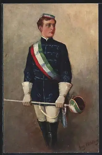 Künstler-AK Georg Mühlberg: Zum ersten Mal in Wichs, Student mit Band und Degen