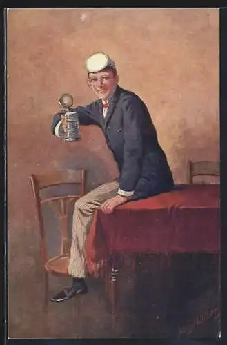 Künstler-AK Georg Mühlberg: studentische Szene, Student prostet mit einem Bierkrug