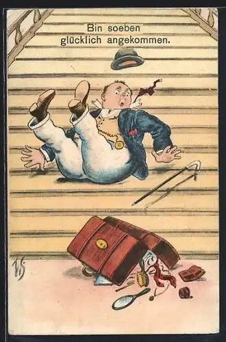 Künstler-AK Willi Scheuermann: Mann mit Koffer ist auf der Treppe ausgerutscht