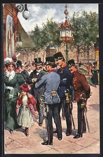 Künstler-AK Karl Feiertag: Wien, Ringkorso, Soldaten mit Degen neben einer Menschenmenge