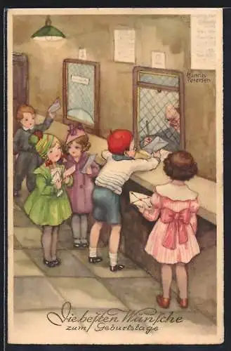 Künstler-AK Hannes Petersen: Die besten Glückwünsche zum Geburtstage, Kinder an Postschalter