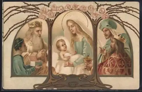AK Die Heiligen Drei Könige kommen zu Maria und dem Jesuskind, Jugendstil