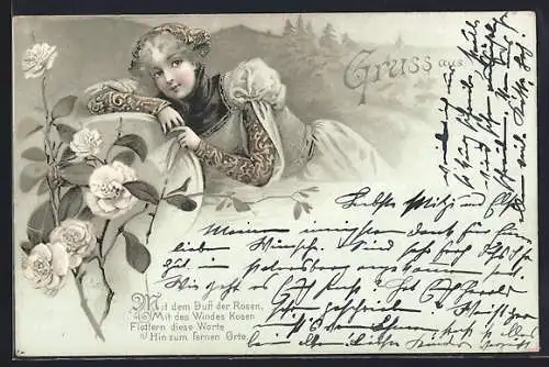 Künstler-AK Frau mit weissen Rosen im Jugendstil