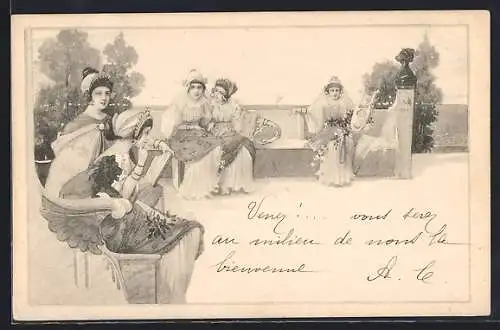 Künstler-AK Frauen im Park unterhalten sich, Jugendstil