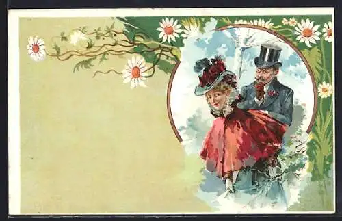 Künstler-AK Mann und Frau im Wald mit Blumen, Jugendstil