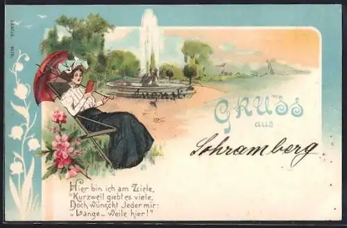 AK Junge Frau mit Schirm im Park ein Buch lesend