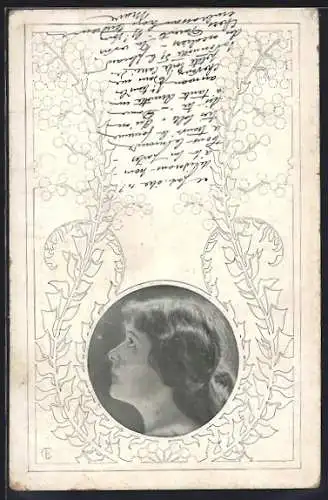 Künstler-AK Portrait einer Dame mit Plfanzen umrahmt, Jugendstil