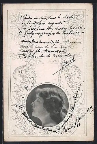 Künstler-AK Portrait einer Frau mit Pflanzen umrankt, Jugendstil
