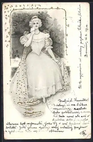 Künstler-AK Frau in edlem Kleid im Jugendstil