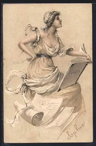 Künstler-AK Frau mit Poesie Buch und Feder im Jugendstil