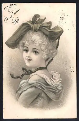 Künstler-AK Frau mit Schleife und Hut im Jugendstil