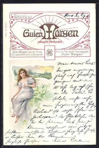 AK Dame in elegantem Kleid mit Maiglöckchen, Jugendstil