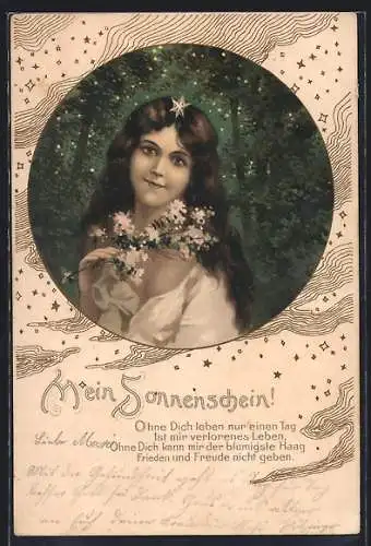 AK Portrait einer Frau mit Blumen, Jugendstil