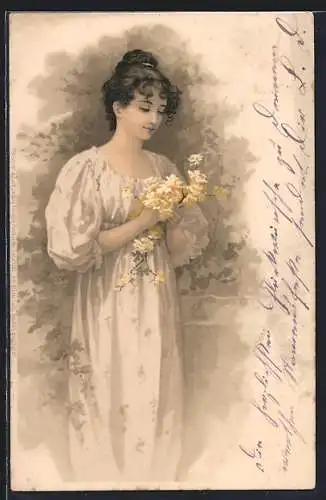 Künstler-AK Meissner & Buch (M&B) Nr.1081: Am Blütenhain, Junge Frau mit violetten Blumen