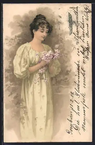 Künstler-AK Meissner & Buch (M&B) Nr.1081: Am Blütenhain, Junge Frau mit violetten Blumen