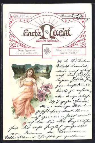 Künstler-AK Frau in orangefarbenem Kleid mit Blumen, Jugendstil