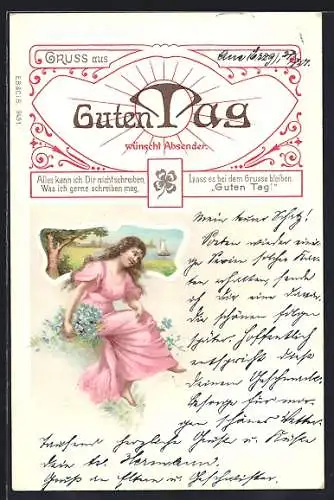 Künstler-AK Dame in rosafarbenem Kleid mit Vergissmeinnicht im Jugendstil