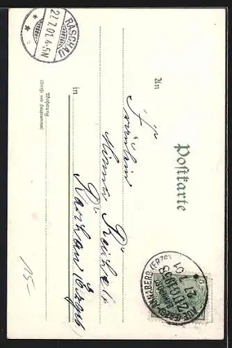 Künstler-AK Dame in rosafarbenem Kleid mit Vergissmeinnicht im Jugendstil