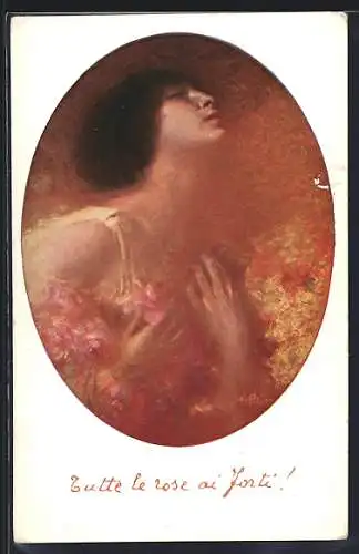 Künstler-AK Frauenporträt mit Blumen im Jugendstil