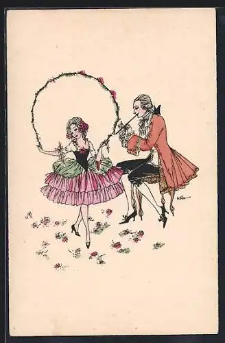 Künstler-AK Mann spielt Flöte während eine Frau tanzt, Jugendstil