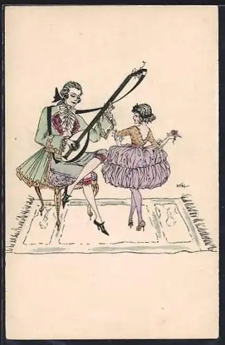 Künstler-AK Ein Mann spielt Musik und eine Frau tanzt, Jugendstil