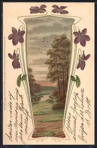 Künstler-AK Idyllische Naturlandschaft im Jugendstil-Passepartout