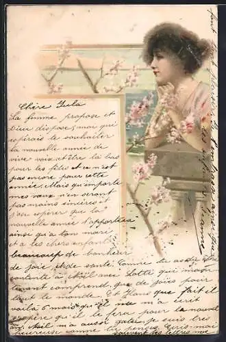 Künstler-AK Frau mit blühendem Baum im Jugendstil