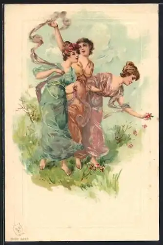 Künstler-AK Drei Frauen laufen barfuss über eine Wiese, Jugendstil