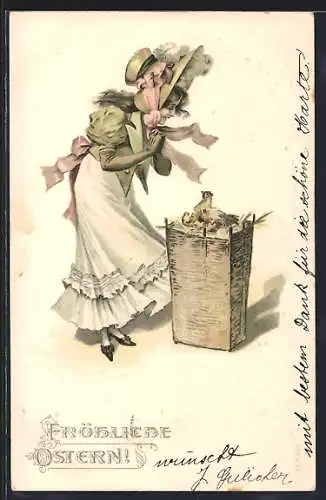 Lithographie Dame mit Hut freut sich über Osterküken